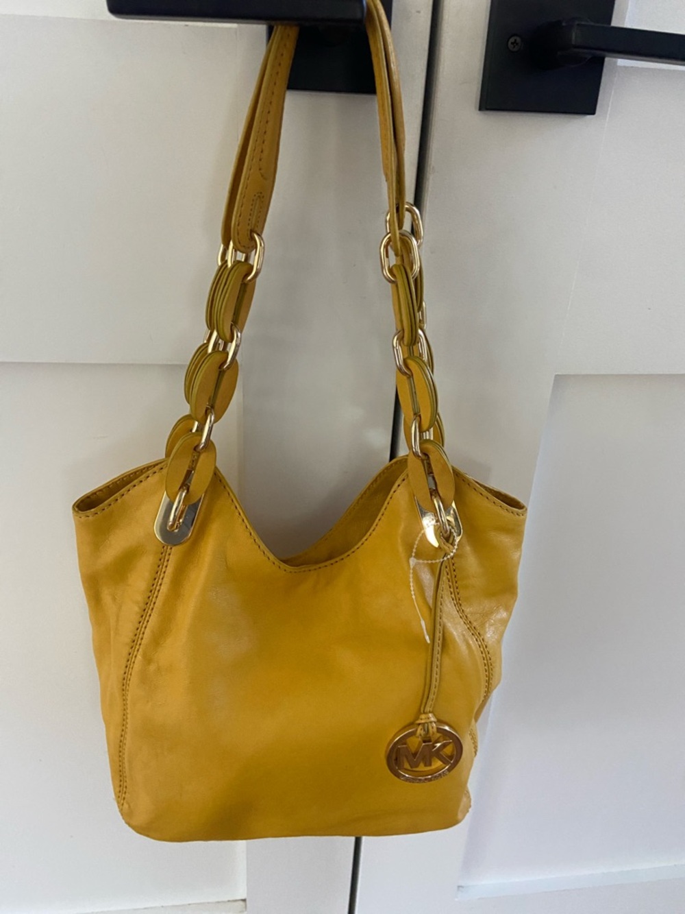 Michael Kors Mustard Yellow Leather Shoulder Bag with Chain-Link Straps